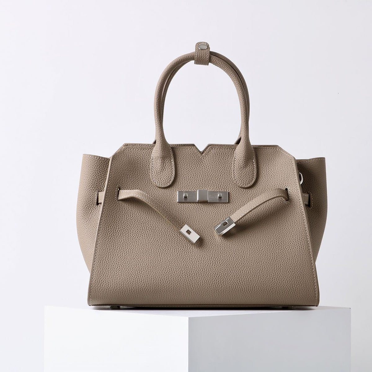 Natalie | Taupe Leather Satchel Bag – Elegant & Timeless - in Khaki | Arvea Bags