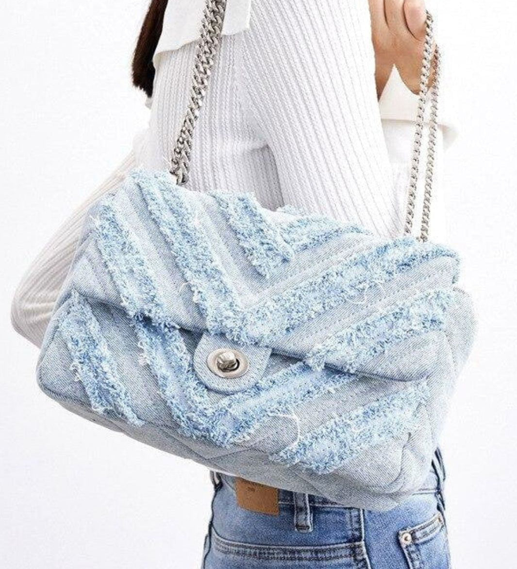Nova Denim Chevron Crossbody – Frayed Jean Shoulder Bag with Chain Strap - in Denim Blue | Arvea Bags