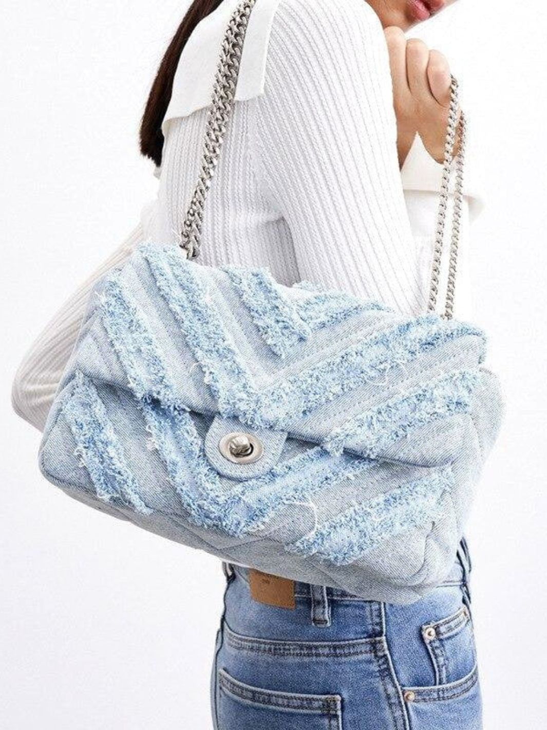 Nova Denim Chevron Crossbody – Frayed Jean Shoulder Bag with Chain Strap - in Denim Blue | Arvea Bags
