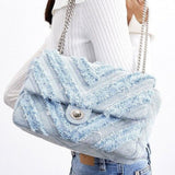 Nova Denim Chevron Crossbody – Frayed Jean Shoulder Bag with Chain Strap - in Denim Blue | Arvea Bags