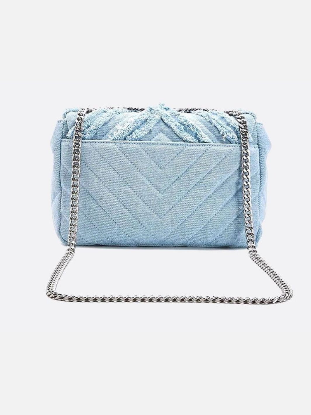 Nova Denim Chevron Crossbody – Frayed Jean Shoulder Bag with Chain Strap - in Denim Blue | Arvea Bags