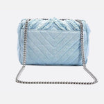 Nova Denim Chevron Crossbody – Frayed Jean Shoulder Bag with Chain Strap - in Denim Blue | Arvea Bags