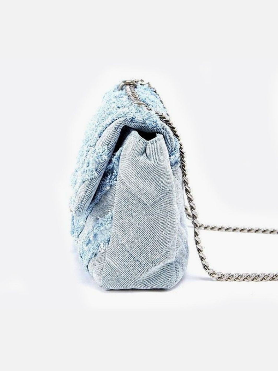 Nova Denim Chevron Crossbody – Frayed Jean Shoulder Bag with Chain Strap - in Denim Blue | Arvea Bags