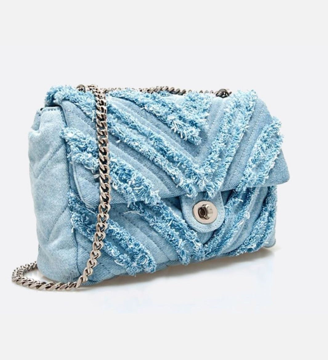 Nova Denim Chevron Crossbody – Frayed Jean Shoulder Bag with Chain Strap - in Denim Blue | Arvea Bags
