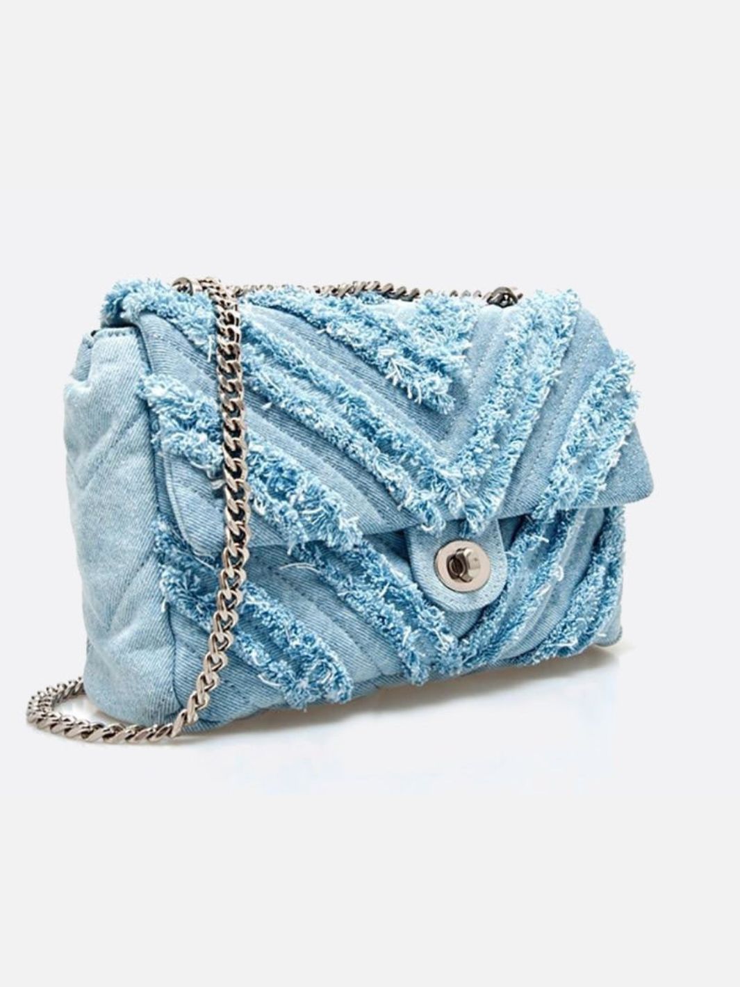 Nova Denim Chevron Crossbody – Frayed Jean Shoulder Bag with Chain Strap - in Denim Blue | Arvea Bags