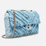 Nova Denim Chevron Crossbody – Frayed Jean Shoulder Bag with Chain Strap - in Denim Blue | Arvea Bags
