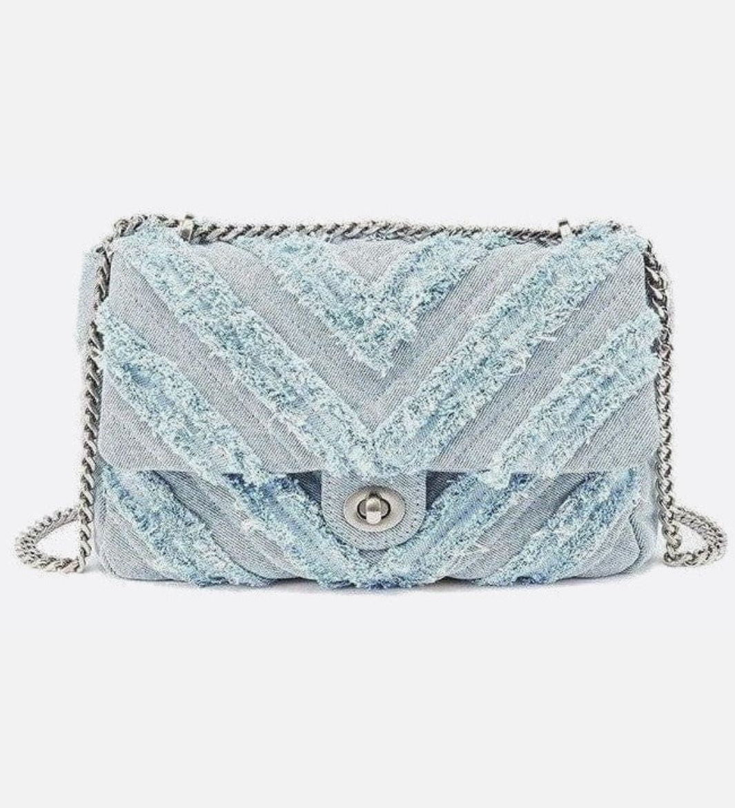 Nova Denim Chevron Crossbody – Frayed Jean Shoulder Bag with Chain Strap - in Denim Blue | Arvea Bags