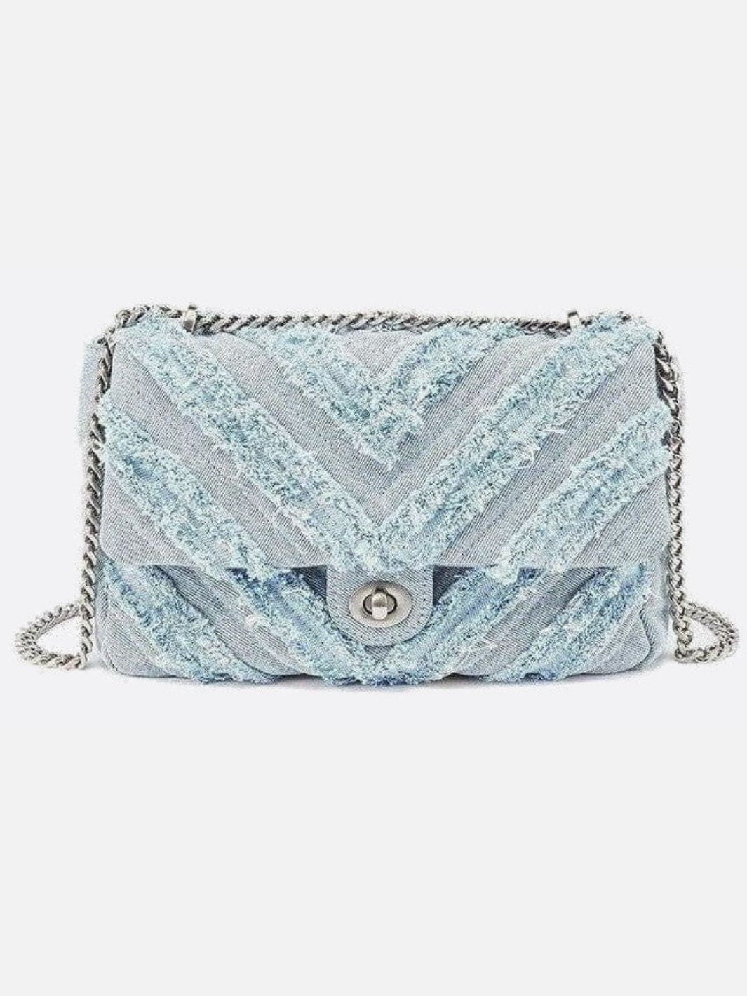 Nova Denim Chevron Crossbody – Frayed Jean Shoulder Bag with Chain Strap - in Denim Blue | Arvea Bags