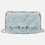 Nova Denim Chevron Crossbody – Frayed Jean Shoulder Bag with Chain Strap - in Denim Blue | Arvea Bags