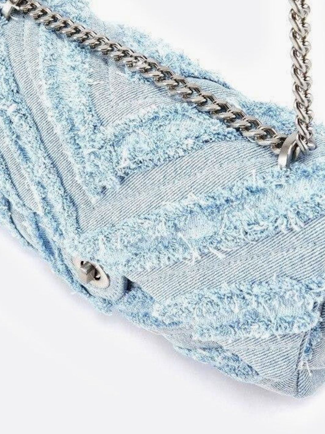 Nova Denim Chevron Crossbody – Frayed Jean Shoulder Bag with Chain Strap - in Denim Blue | Arvea Bags