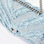 Nova Denim Chevron Crossbody – Frayed Jean Shoulder Bag with Chain Strap - in Denim Blue | Arvea Bags