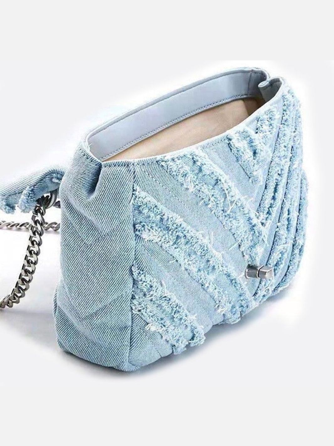 Nova Denim Chevron Crossbody – Frayed Jean Shoulder Bag with Chain Strap - in Denim Blue | Arvea Bags