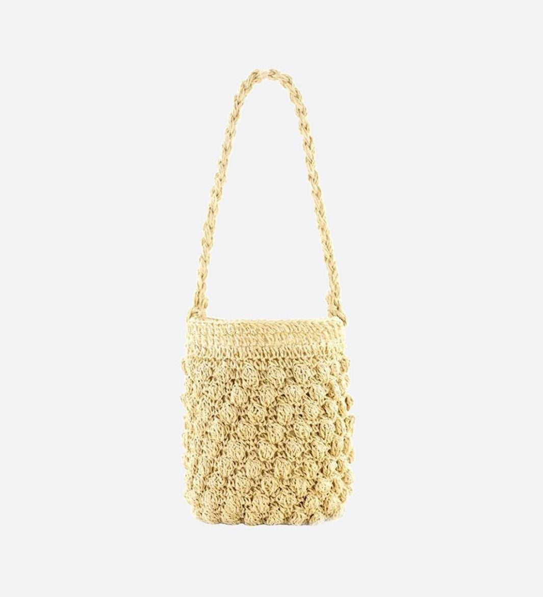 Nova Mini Crochet Bucket Bag – Handwoven Straw Purs - in Beige | Arvea Bags