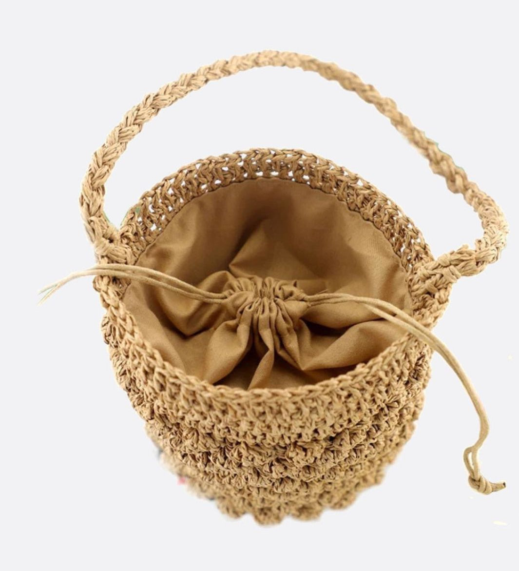 Nova Mini Crochet Bucket Bag – Handwoven Straw Purs - in Camel | Arvea Bags