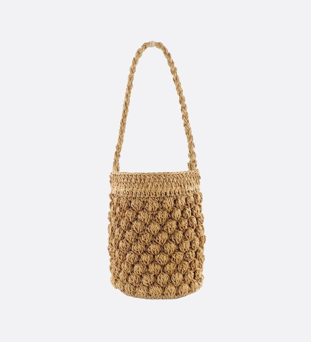 Nova Mini Crochet Bucket Bag – Handwoven Straw Purs - in Camel | Arvea Bags