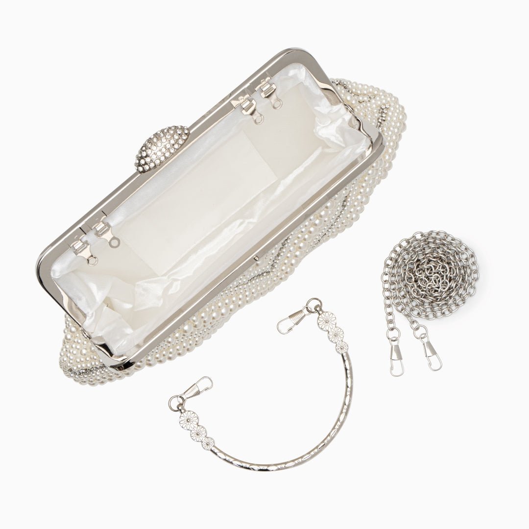 Orliana | Pearl & Crystal Embellished Evening Clutch – Timeless Grace - in Pearl White | Arvea Bags
