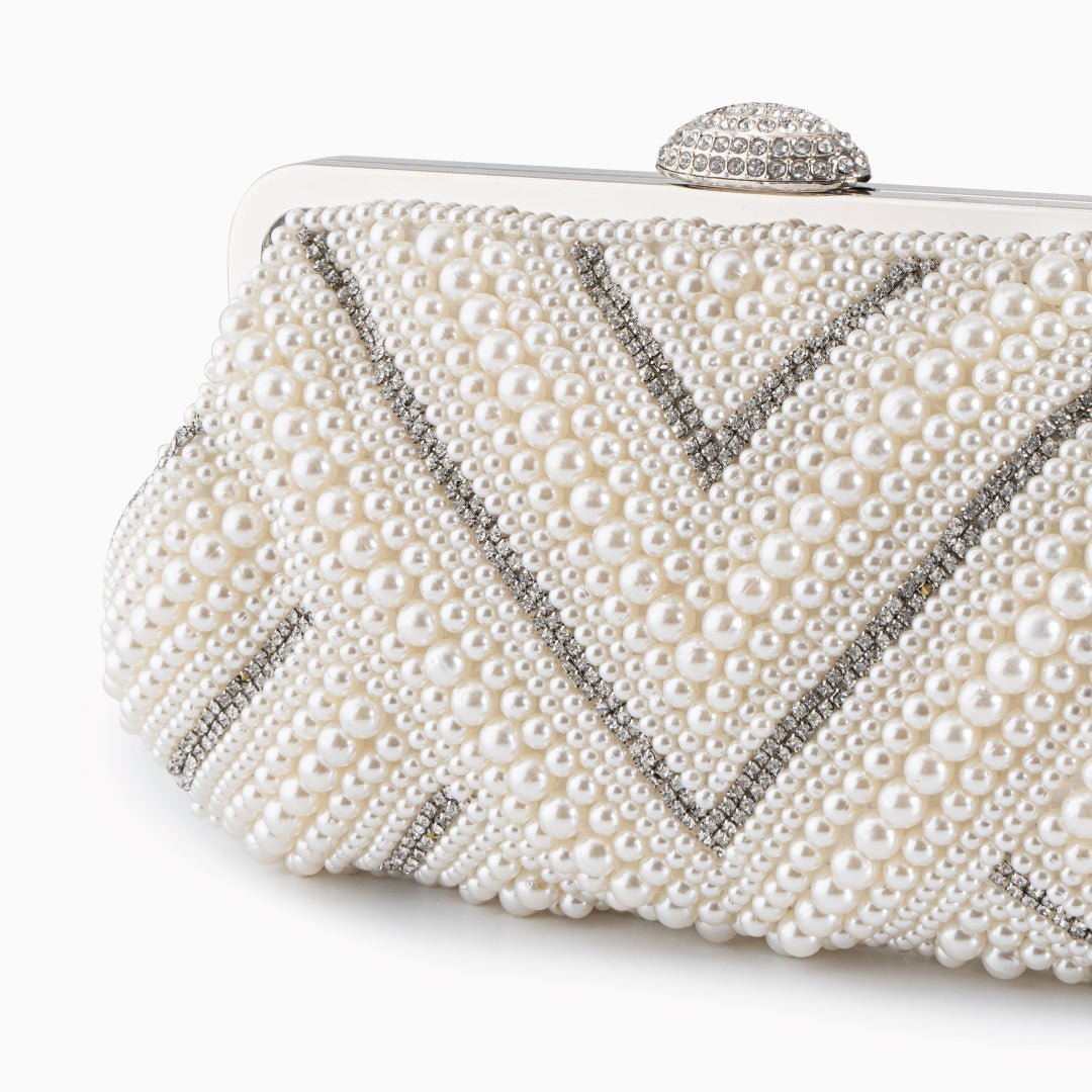 Orliana | Pearl & Crystal Embellished Evening Clutch – Timeless Grace - in Pearl White | Arvea Bags