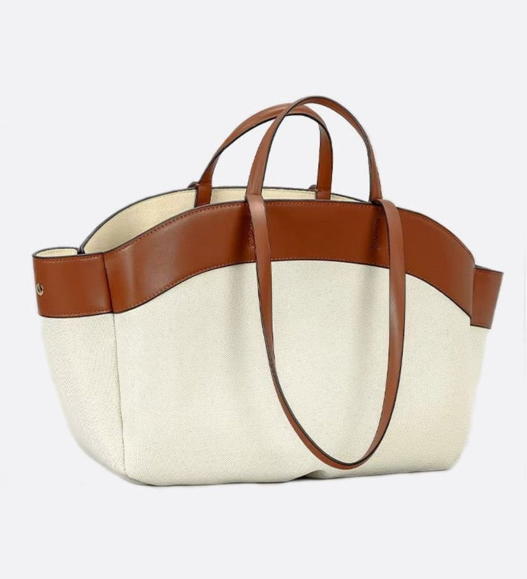 Oversized Canvas Tote Handbag with Leather Detail - in Camel | Arvea Bags