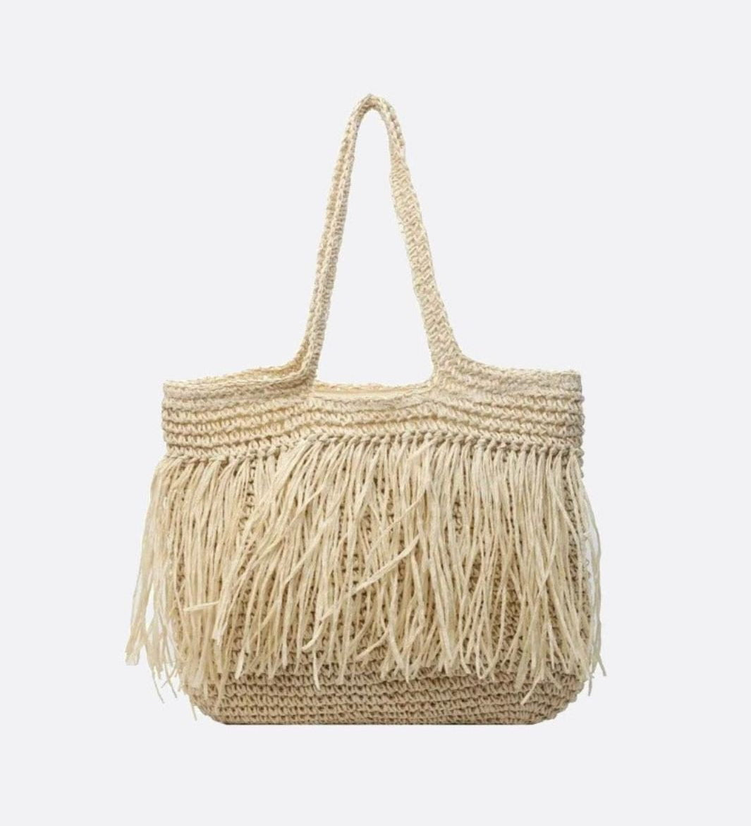 Paloma Raffia Fringe Tote – Woven Beach Bag - in Beige | Arvea Bags