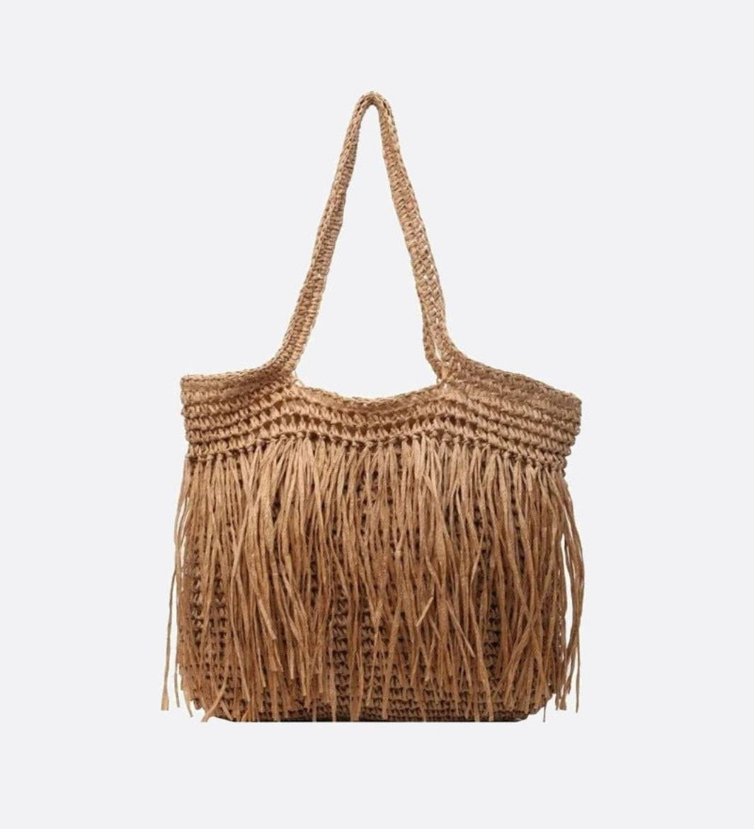 Paloma Raffia Fringe Tote – Woven Beach Bag - in Light Brown | Arvea Bags