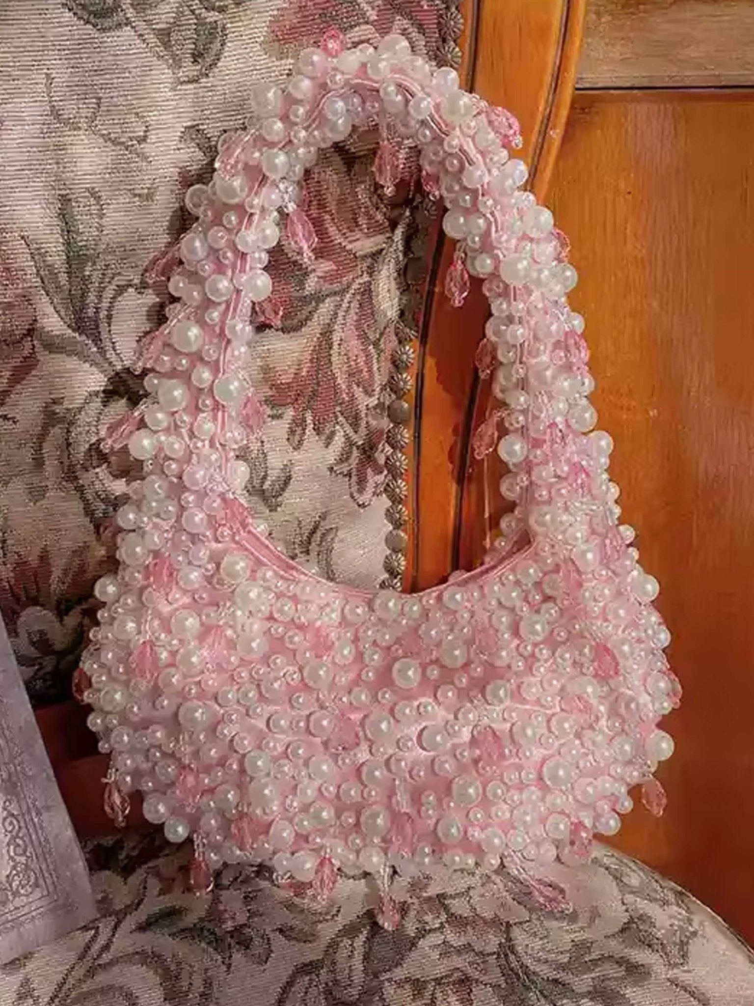 Pearl Beaded Shoulder Bag – Elegant Statement Handbag for Special Occasions - in Orange | Arvea Bags