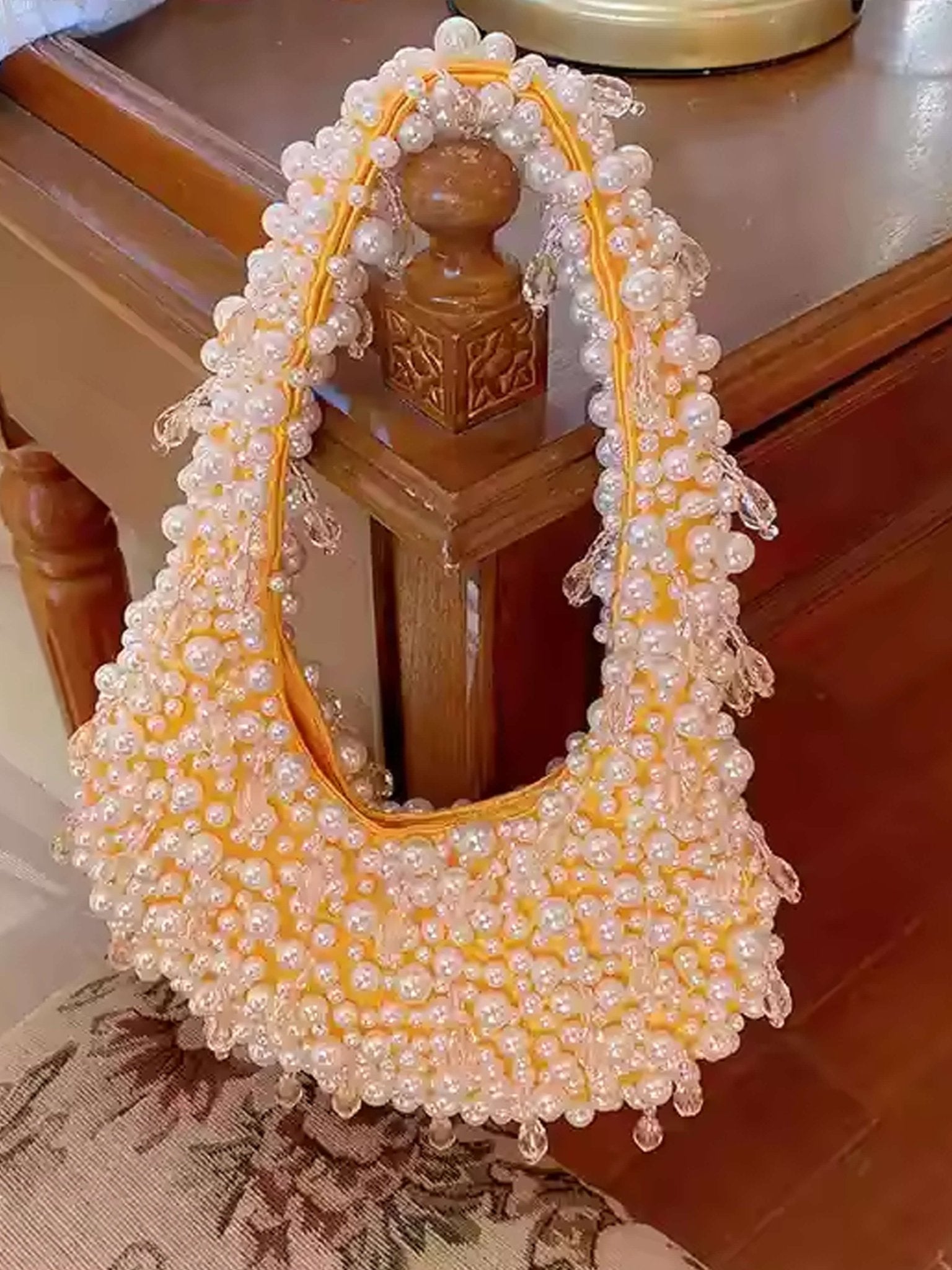 Pearl Beaded Shoulder Bag – Elegant Statement Handbag for Special Occasions - in Orange | Arvea Bags