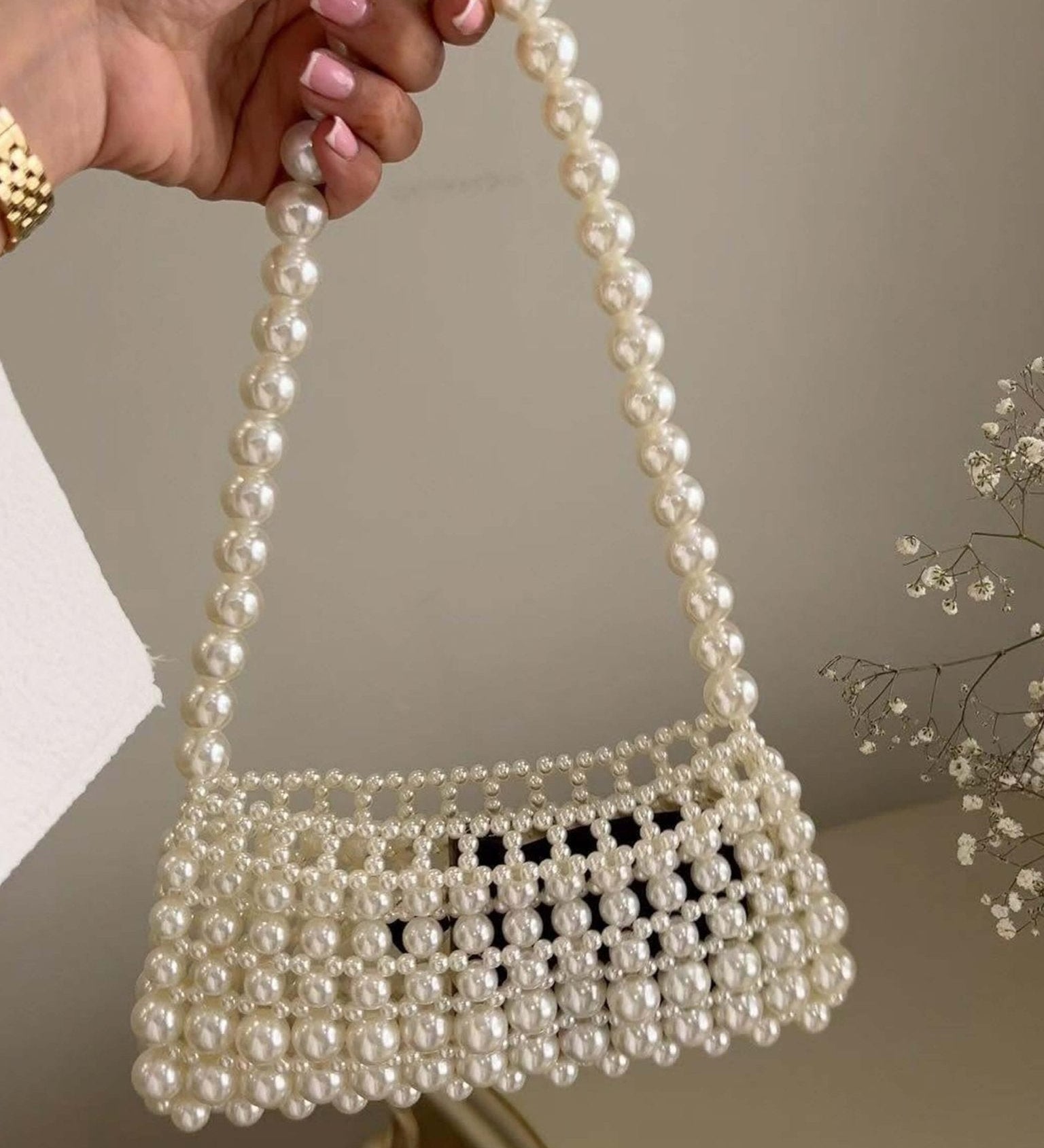 Pearl Beaded Top Handle Bag – Vintage - Inspired Handbag for Special Occasions - in White | Arvea Bags