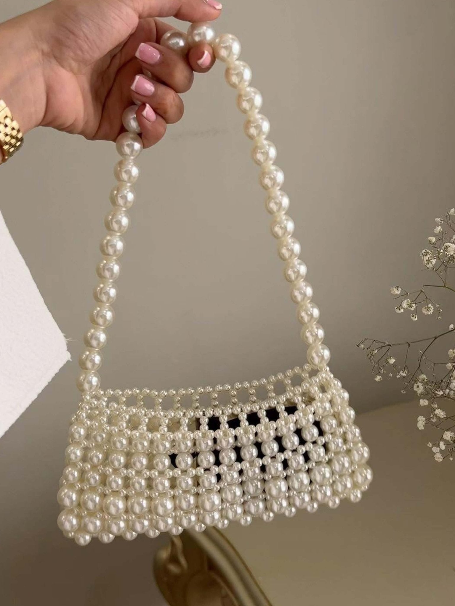 Pearl Beaded Top Handle Bag – Vintage - Inspired Handbag for Special Occasions - in White | Arvea Bags