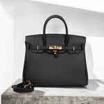 Premium Real Leather Work Bag – Structured Black Handbag with Gold Lock & Strap - in Black | Arvea Bags