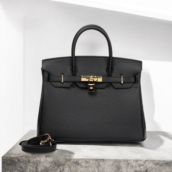 Premium Real Leather Work Bag – Structured Black Handbag with Gold Lock & Strap - in Black | Arvea Bags