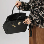 Premium Real Leather Work Bag – Structured Black Handbag with Gold Lock & Strap - in Black | Arvea Bags