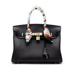 Premium Real Leather Work Bag – Structured Black Handbag with Gold Lock & Strap - in Black | Arvea Bags