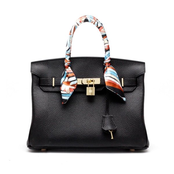 Premium Real Leather Work Bag – Structured Black Handbag with Gold Lock & Strap - in Black | Arvea Bags