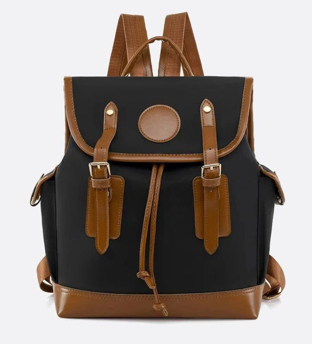 Preston Canvas Backpack – Two - Tone Drawstring Rucksack with Faux Leather Trim - in Black/Camel | Arvea Bags