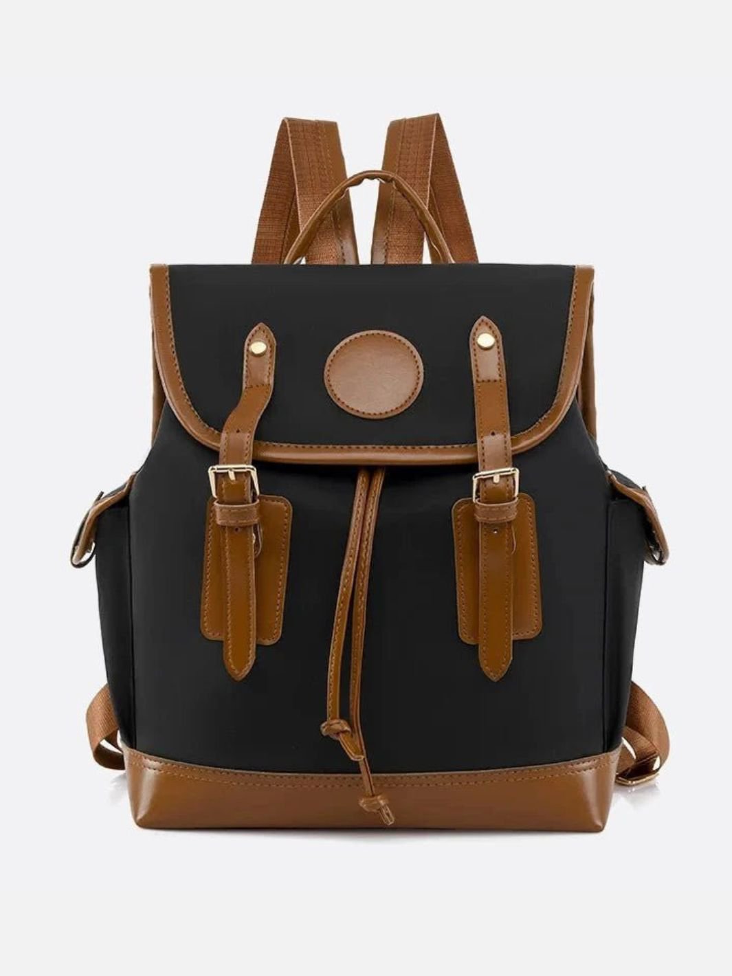 Preston Canvas Backpack – Two - Tone Drawstring Rucksack with Faux Leather Trim - in Black/Camel | Arvea Bags