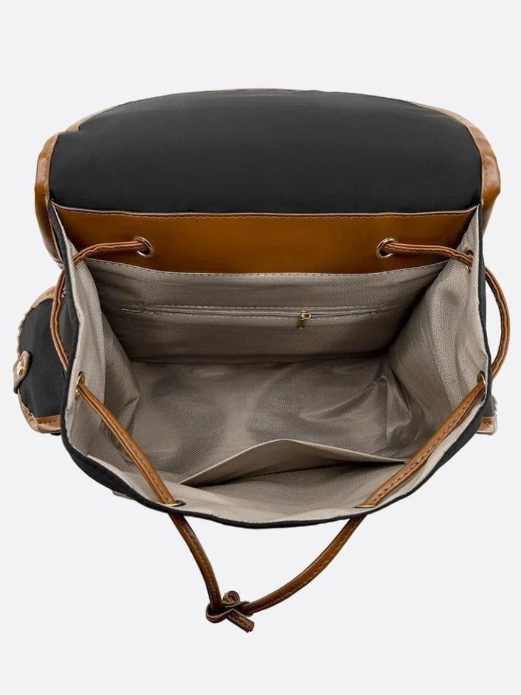 Preston Canvas Backpack – Two - Tone Drawstring Rucksack with Faux Leather Trim - in Black/Camel | Arvea Bags