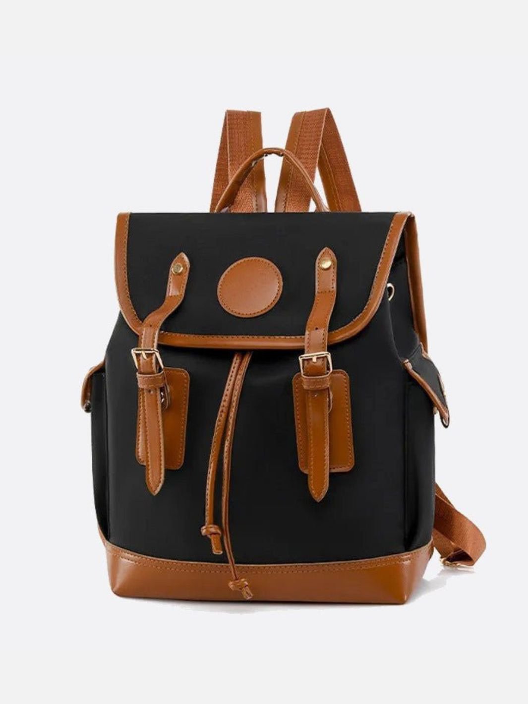 Preston Canvas Backpack – Two - Tone Drawstring Rucksack with Faux Leather Trim - in Black/Camel | Arvea Bags