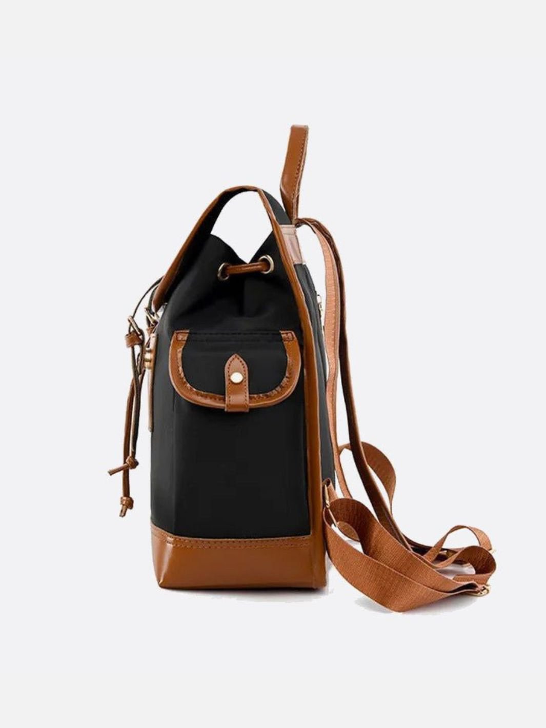 Preston Canvas Backpack – Two - Tone Drawstring Rucksack with Faux Leather Trim - in Black/Camel | Arvea Bags