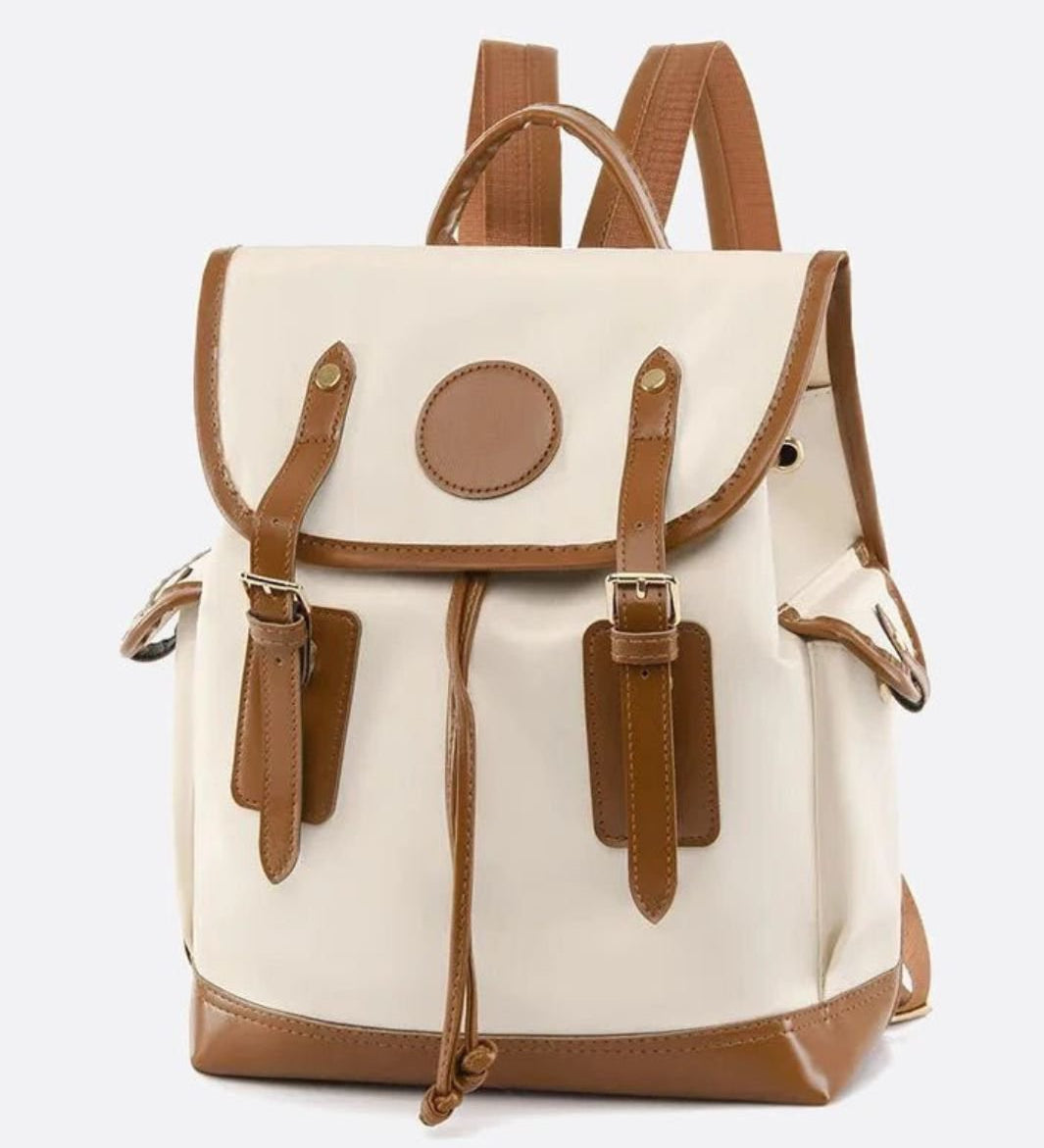 Preston Canvas Backpack – Two - Tone Drawstring Rucksack with Faux Leather Trim - in White/Camel | Arvea Bags