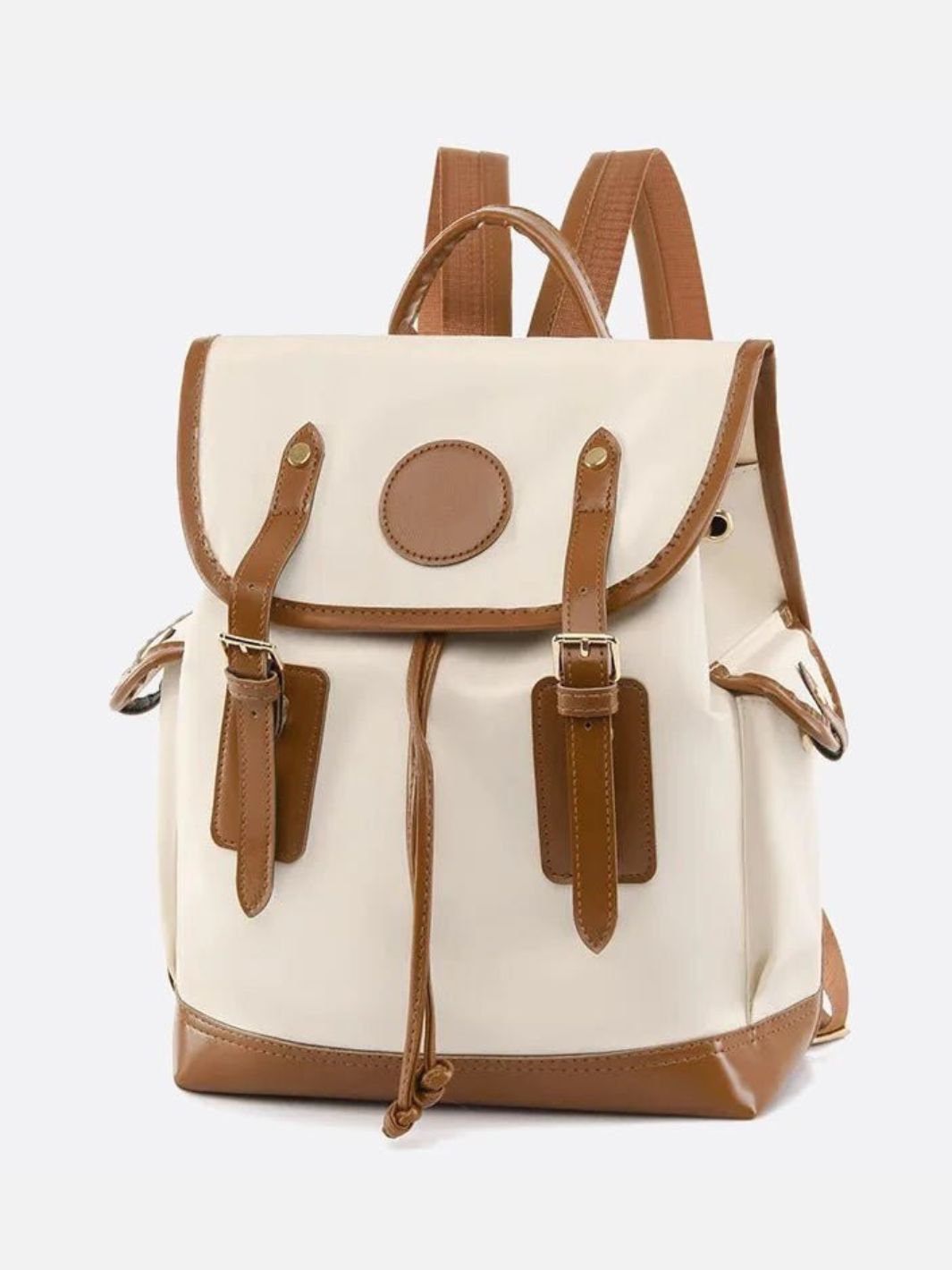 Preston Canvas Backpack – Two - Tone Drawstring Rucksack with Faux Leather Trim - in White/Camel | Arvea Bags