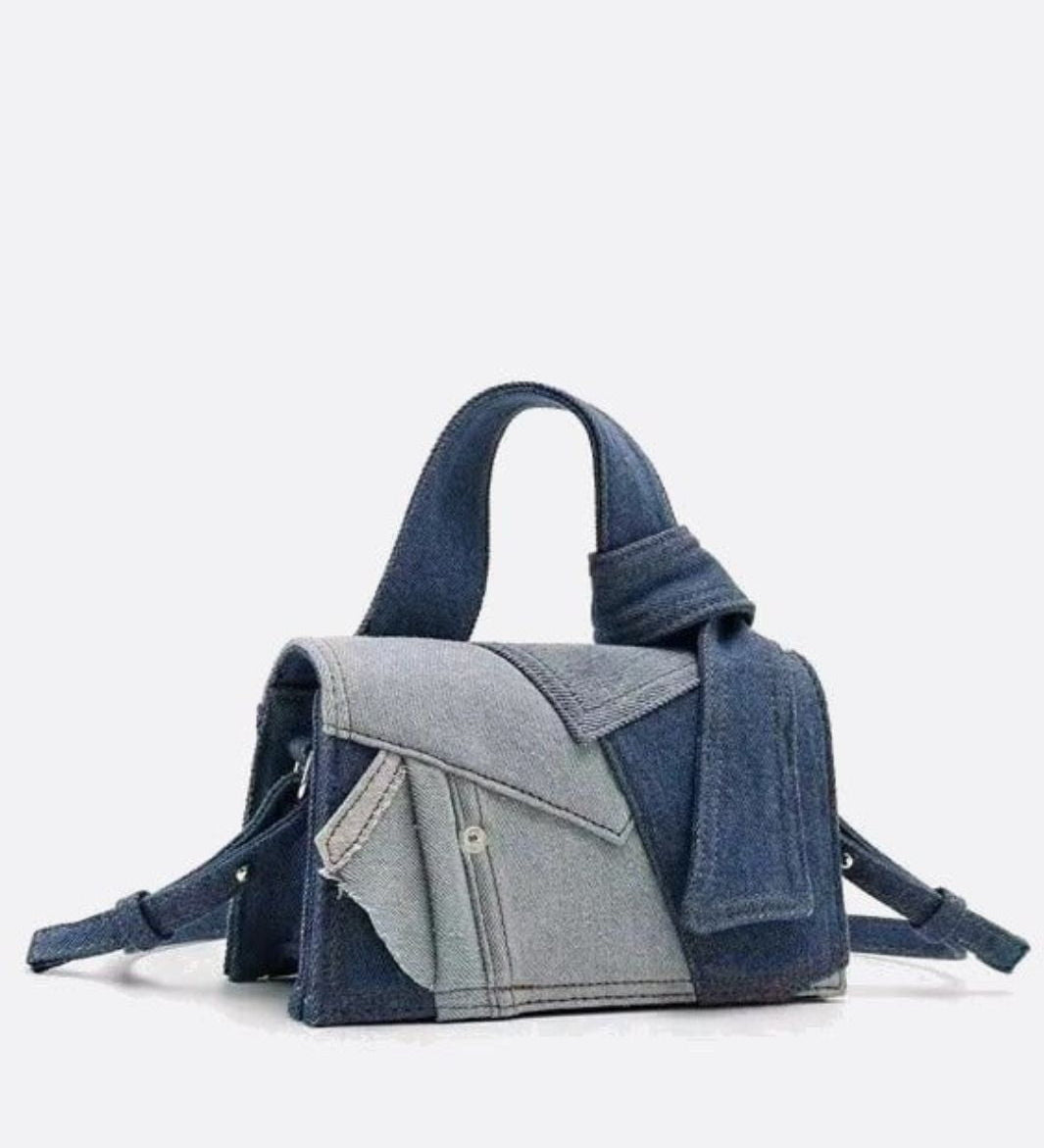 Rebel Denim Patchwork Bag – Jean - Inspired Handbag with Top Handle & Tie Detail - in Blue | Arvea Bags