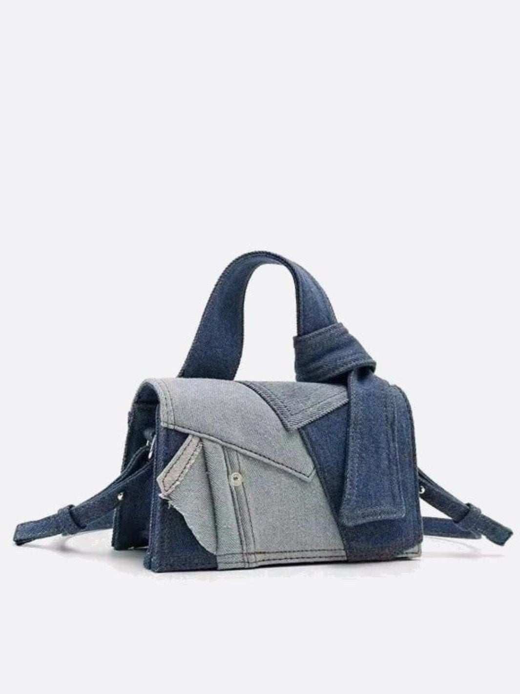 Rebel Denim Patchwork Bag – Jean - Inspired Handbag with Top Handle & Tie Detail - in Blue | Arvea Bags