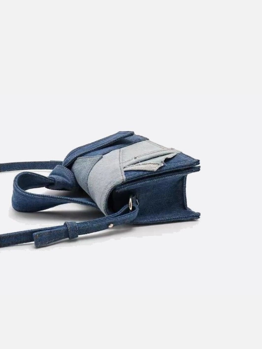 Rebel Denim Patchwork Bag – Jean - Inspired Handbag with Top Handle & Tie Detail - in Blue | Arvea Bags