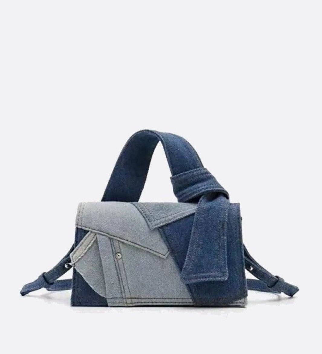 Rebel Denim Patchwork Bag – Jean - Inspired Handbag with Top Handle & Tie Detail - in Blue | Arvea Bags