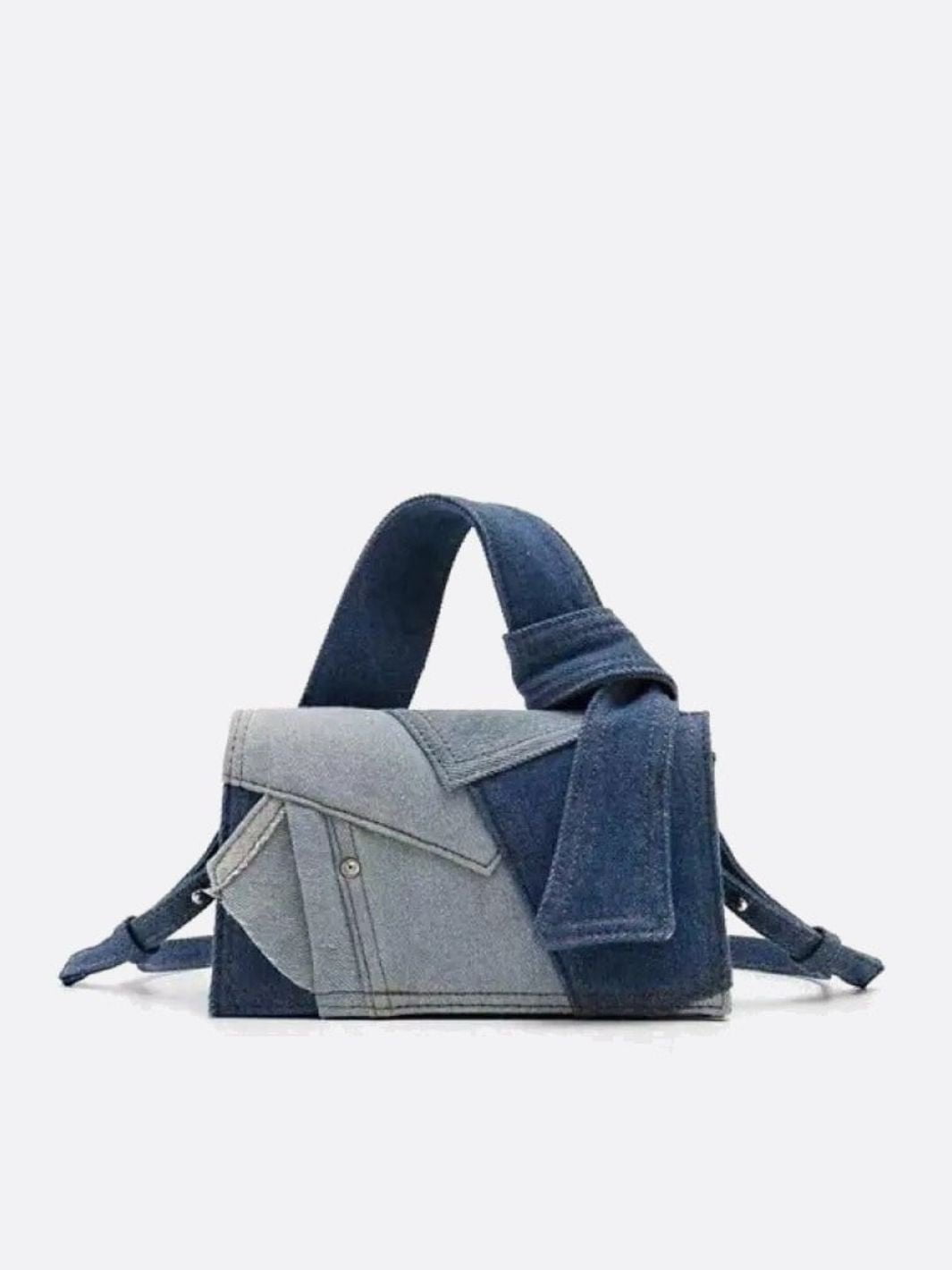 Rebel Denim Patchwork Bag – Jean - Inspired Handbag with Top Handle & Tie Detail - in Blue | Arvea Bags