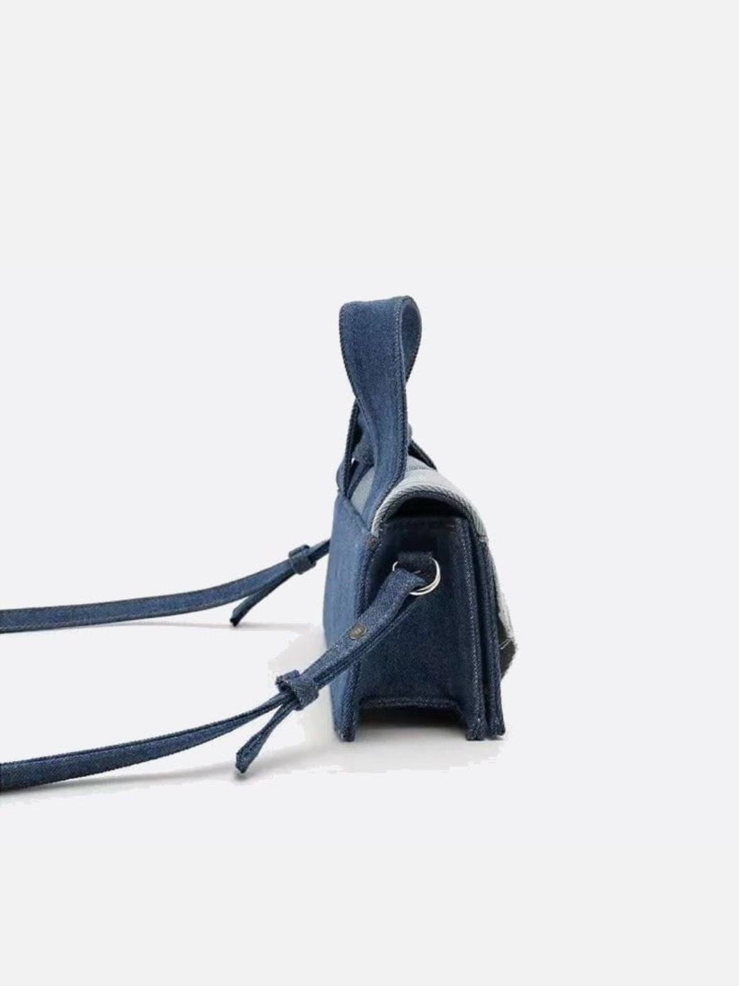Rebel Denim Patchwork Bag – Jean - Inspired Handbag with Top Handle & Tie Detail - in Blue | Arvea Bags