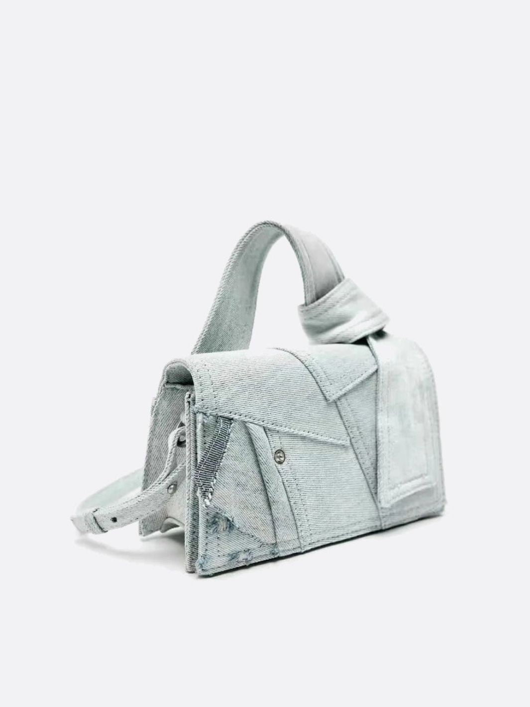 Rebel Denim Patchwork Bag – Jean - Inspired Handbag with Top Handle & Tie Detail - in Grey | Arvea Bags