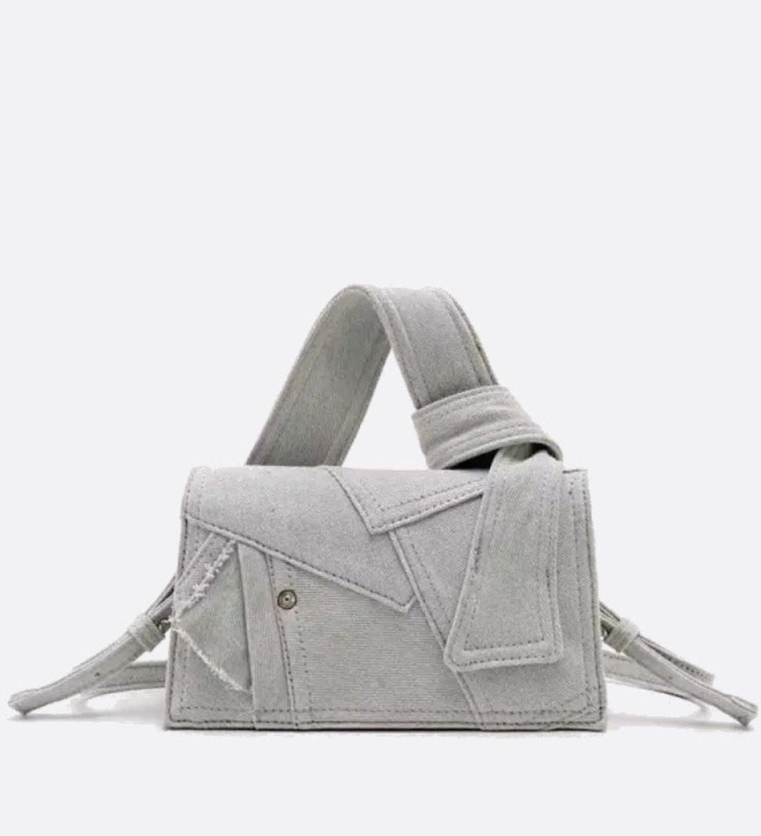 Rebel Denim Patchwork Bag – Jean - Inspired Handbag with Top Handle & Tie Detail - in Grey | Arvea Bags