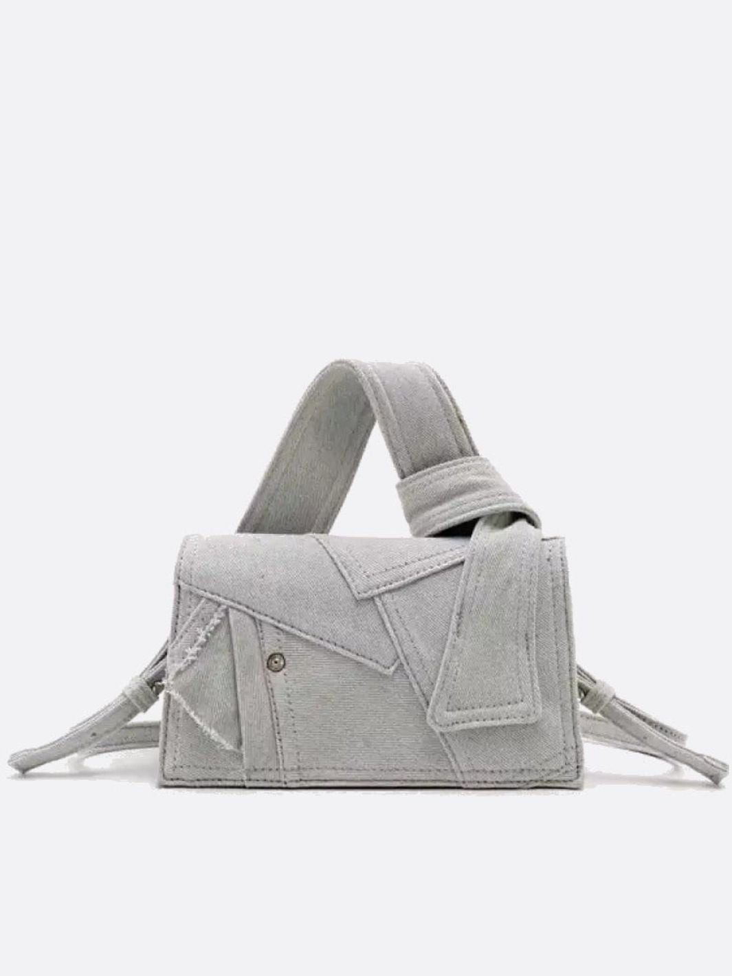 Rebel Denim Patchwork Bag – Jean - Inspired Handbag with Top Handle & Tie Detail - in Grey | Arvea Bags