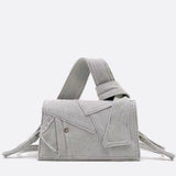 Rebel Denim Patchwork Bag – Jean - Inspired Handbag with Top Handle & Tie Detail - in Grey | Arvea Bags
